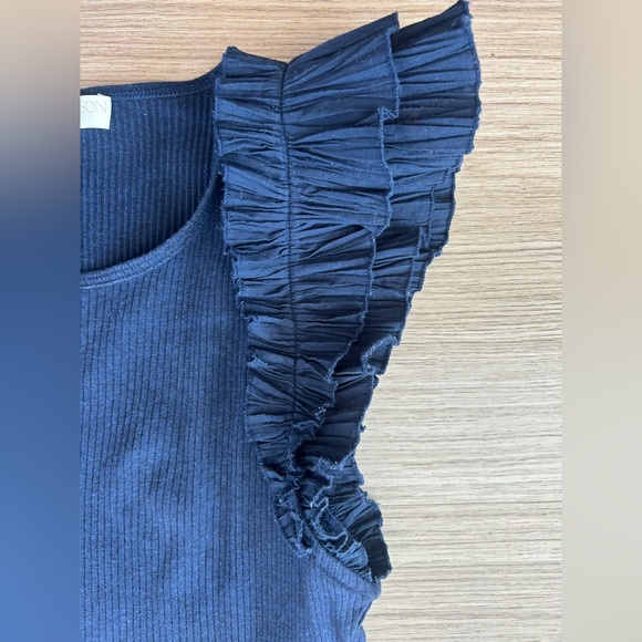 Ulla Johnson Lilo Top In Midnight Ultra Fine Ribbed Knit Layered Ruffle Sleeves - Picture 5 of 11